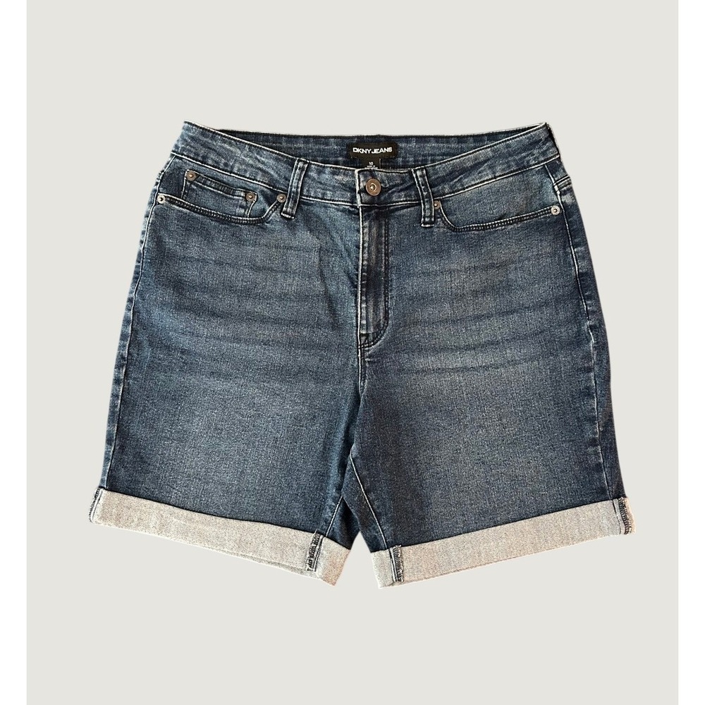 DKNY Jeans Womens Size 10 Dark Wash Cuffed Denim Shorts Mid Rise Stretch 1382